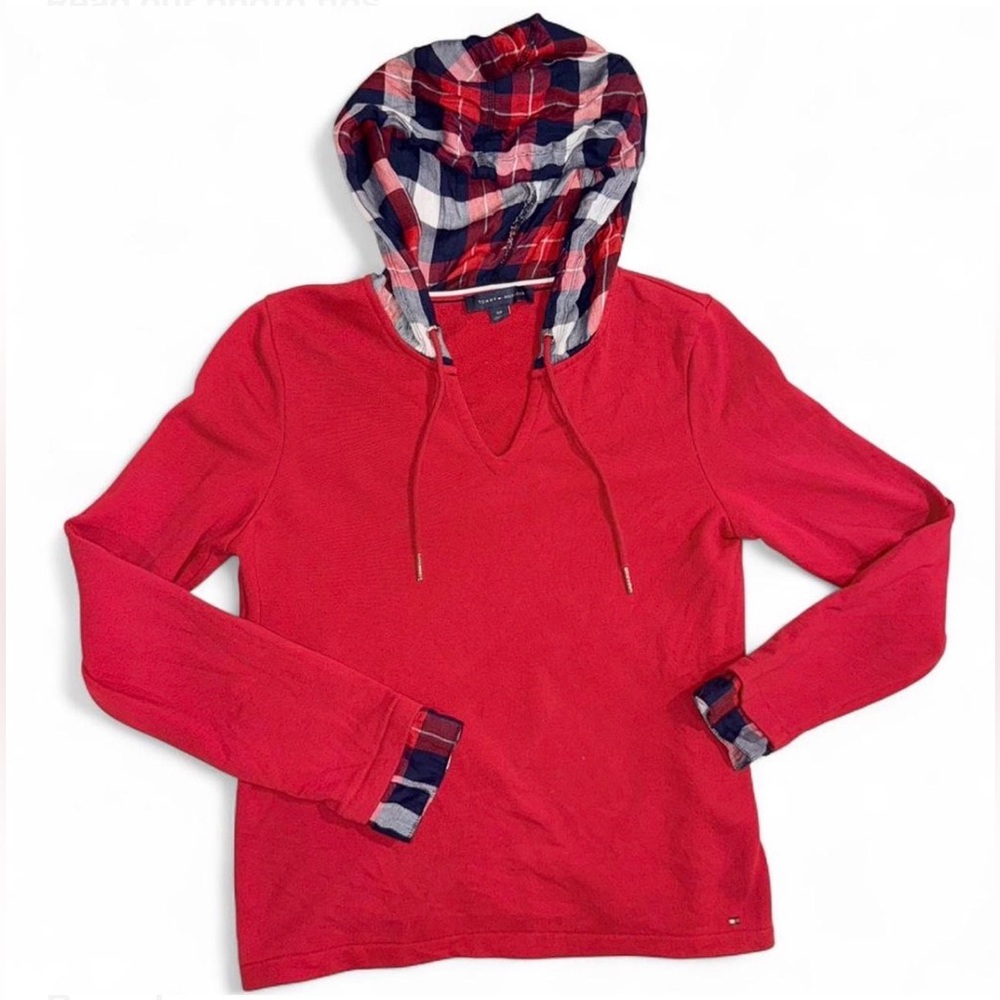 Tommy Hilfiger Red Hoodie with Navy Plaid Lining Tennis Prep Y2K Old Money